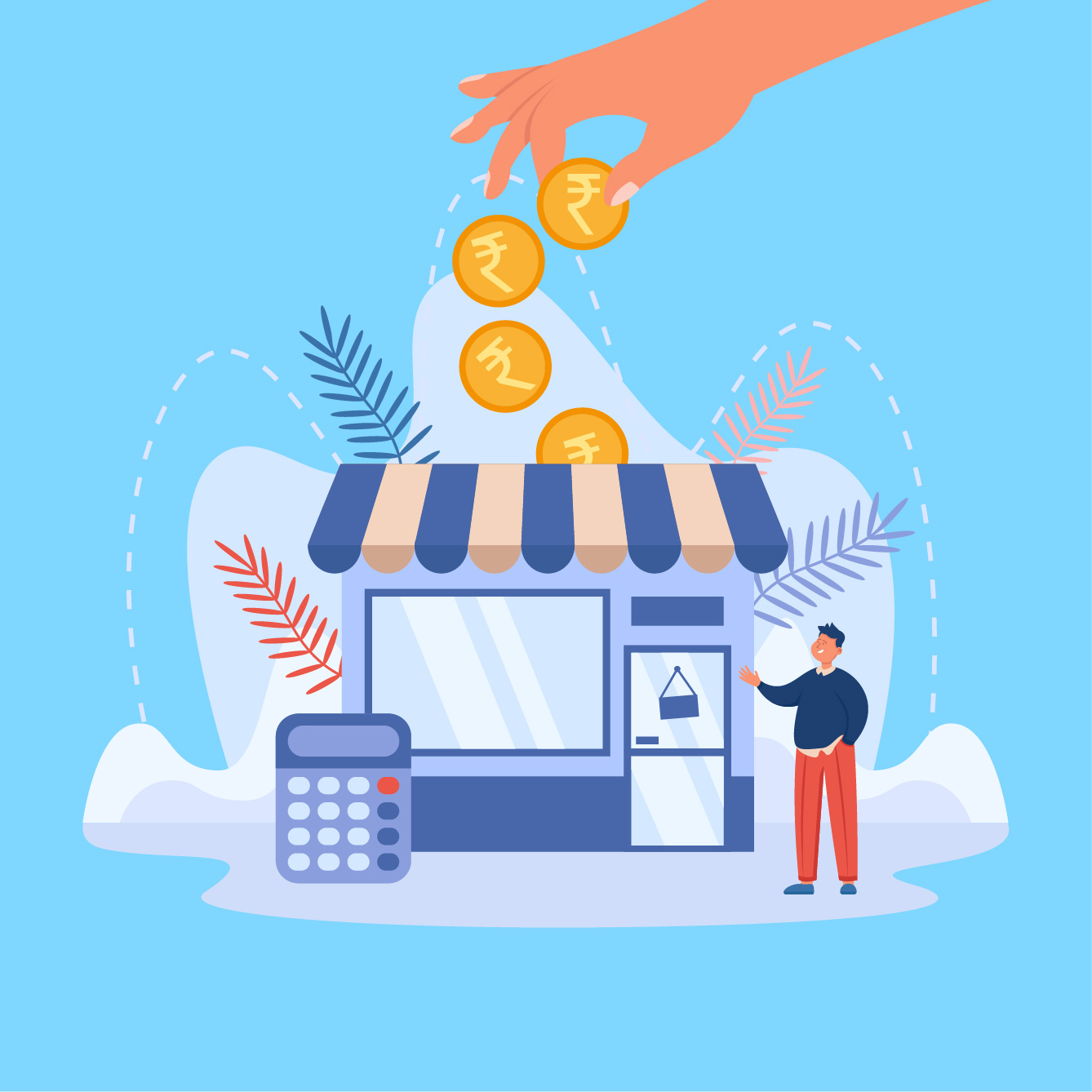 Illustration of a small business shop receiving funding, with a giant hand dropping rupee coins above the storefront, a calculator beside the shop, and a businessman standing outside.