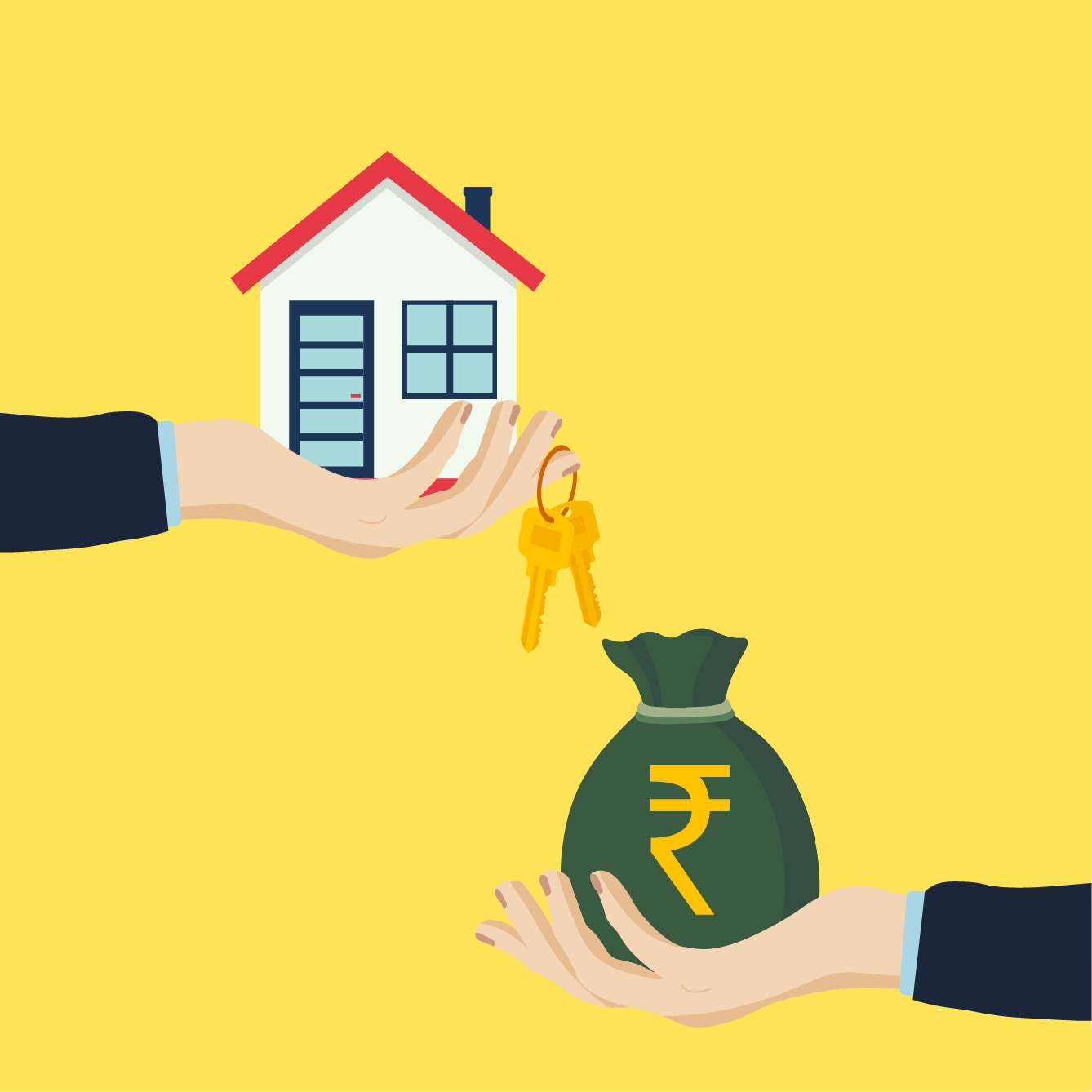 Illustration showing a loan against property concept with a house, keys, and money bag representing secured business financing in India.