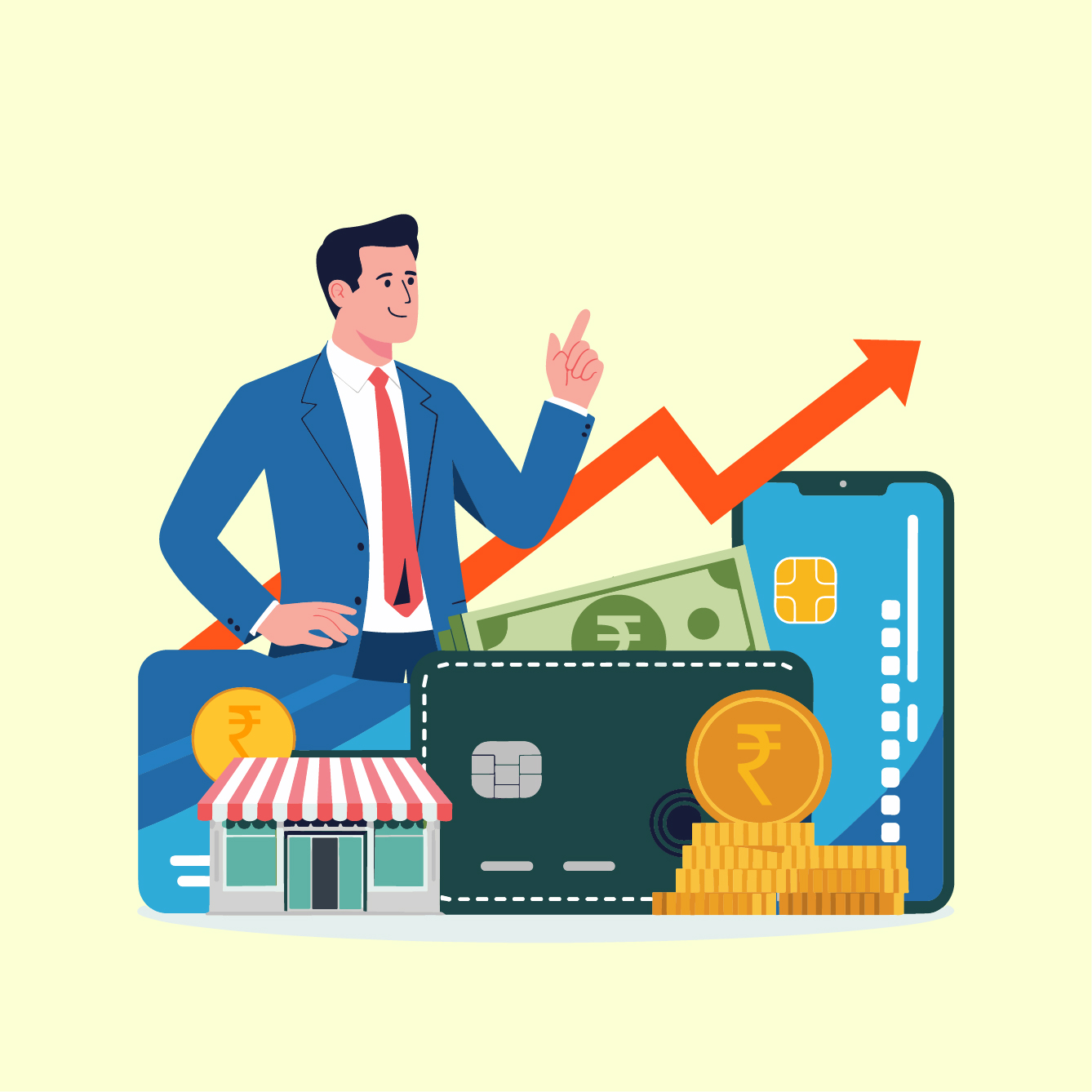 Illustration of an MSME business owner showing growth, with a rising graph, shop icon, Indian currency coins, credit card, cash, and mobile phone representing business loans and financial expansion.